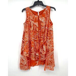 NY Collection Top Orange Floral Leaf Print Layered Flowy Sleeveless